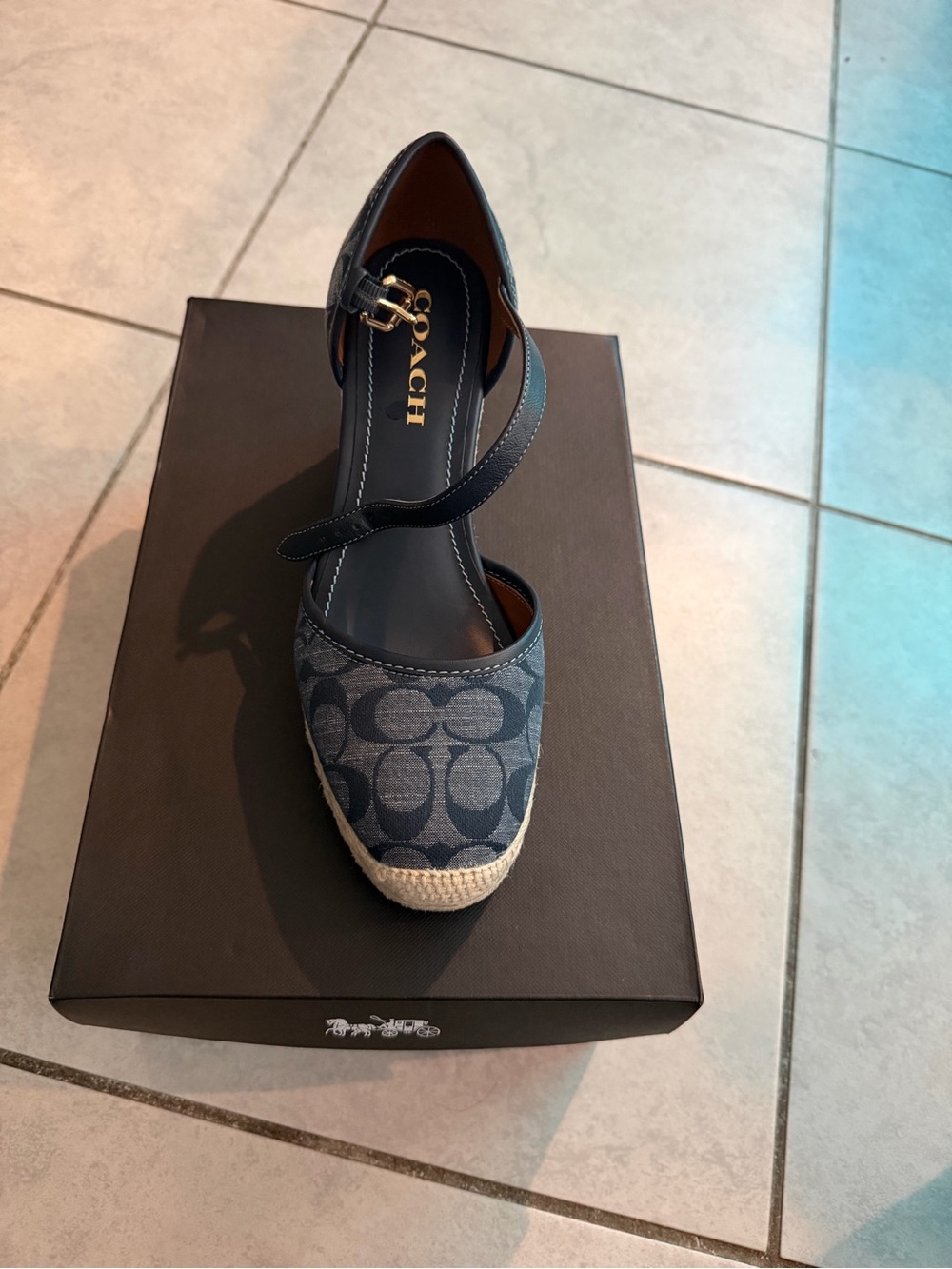 Coach Chambray Signature Canvas Espadrille Wedges with Ankle Strap